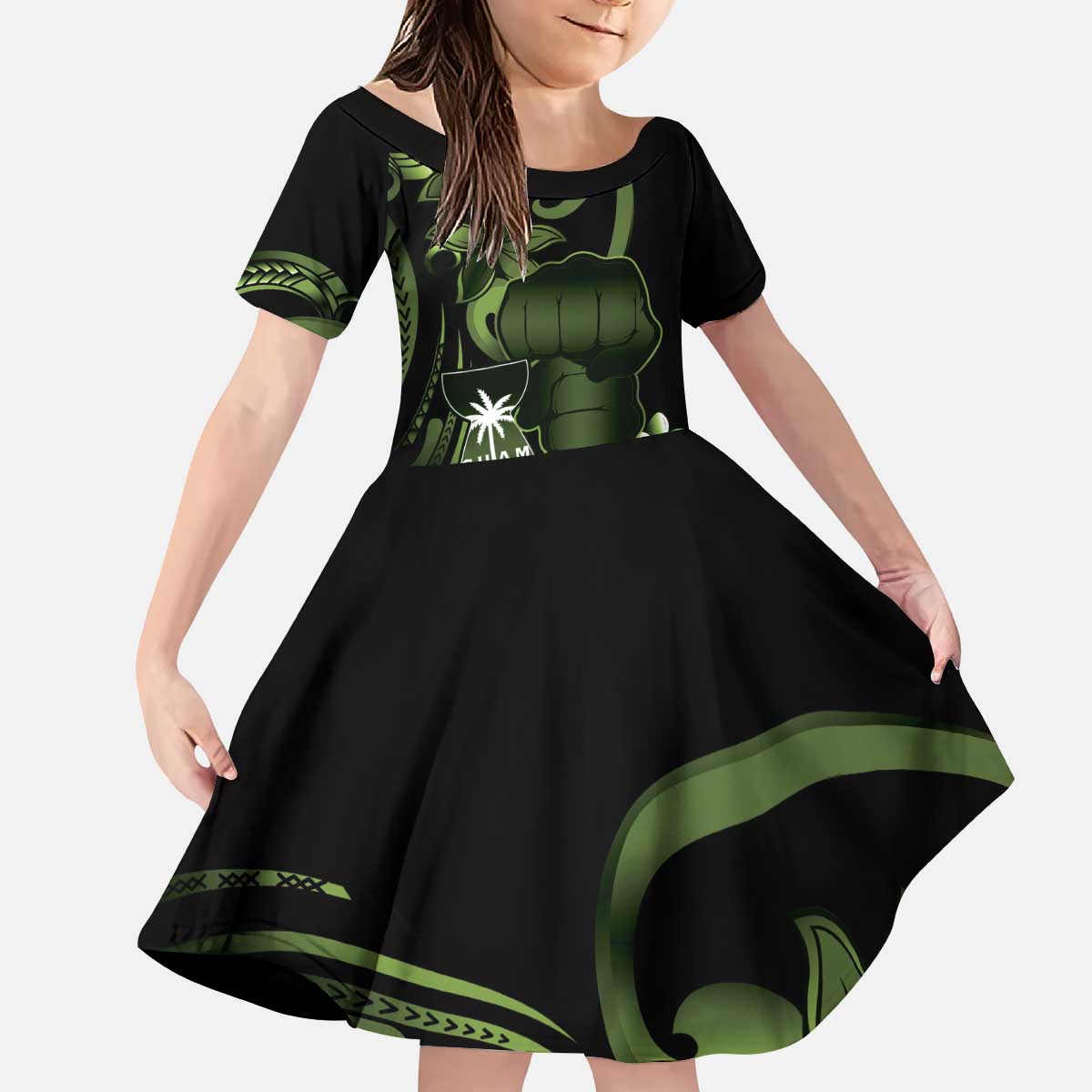 Green Hafa Adai Guam Kid Short Sleeve Dress Chamorro Latte Stone Hand With Plumeria LT14 KID Green - Polynesian Pride