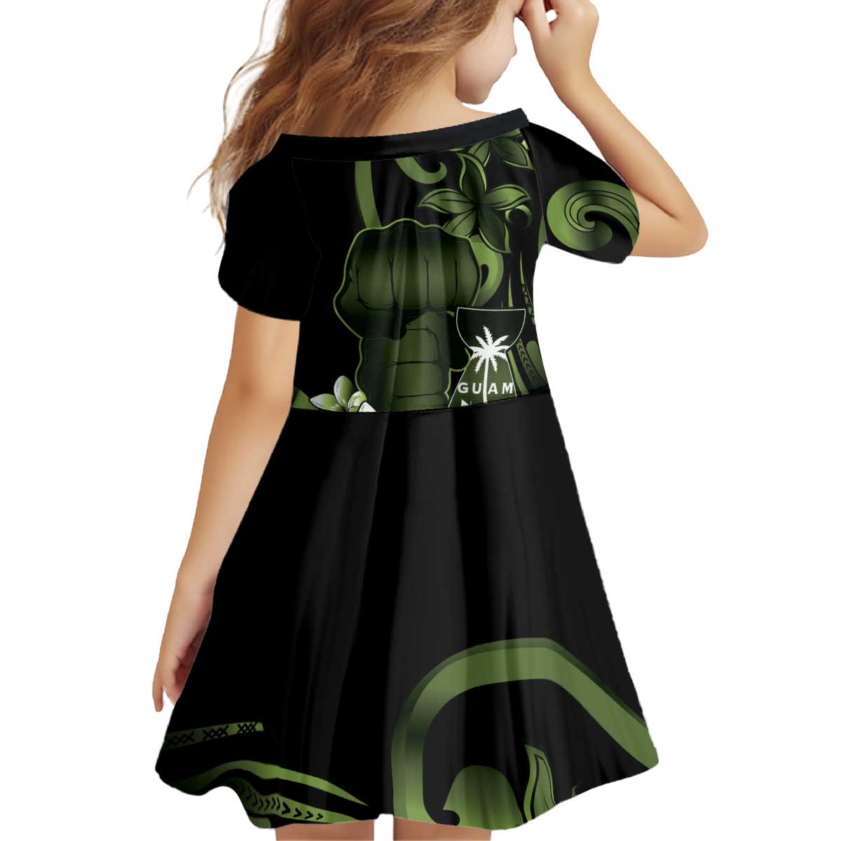 Green Hafa Adai Guam Kid Short Sleeve Dress Chamorro Latte Stone Hand With Plumeria LT14 - Polynesian Pride