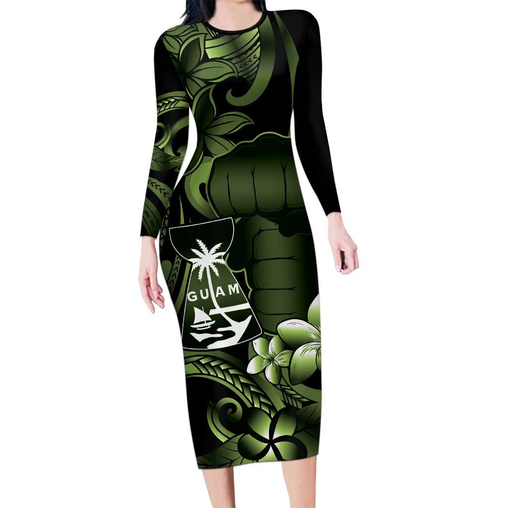 Green Hafa Adai Guam Long Sleeve Bodycon Dress Chamorro Latte Stone Hand With Plumeria LT14 Long Dress Green - Polynesian Pride