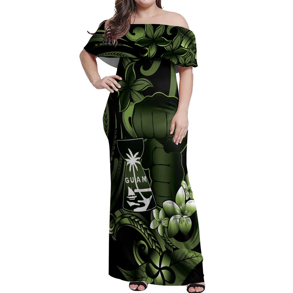 Green Hafa Adai Guam Off Shoulder Maxi Dress Chamorro Latte Stone Hand With Plumeria LT14 Women Green - Polynesian Pride