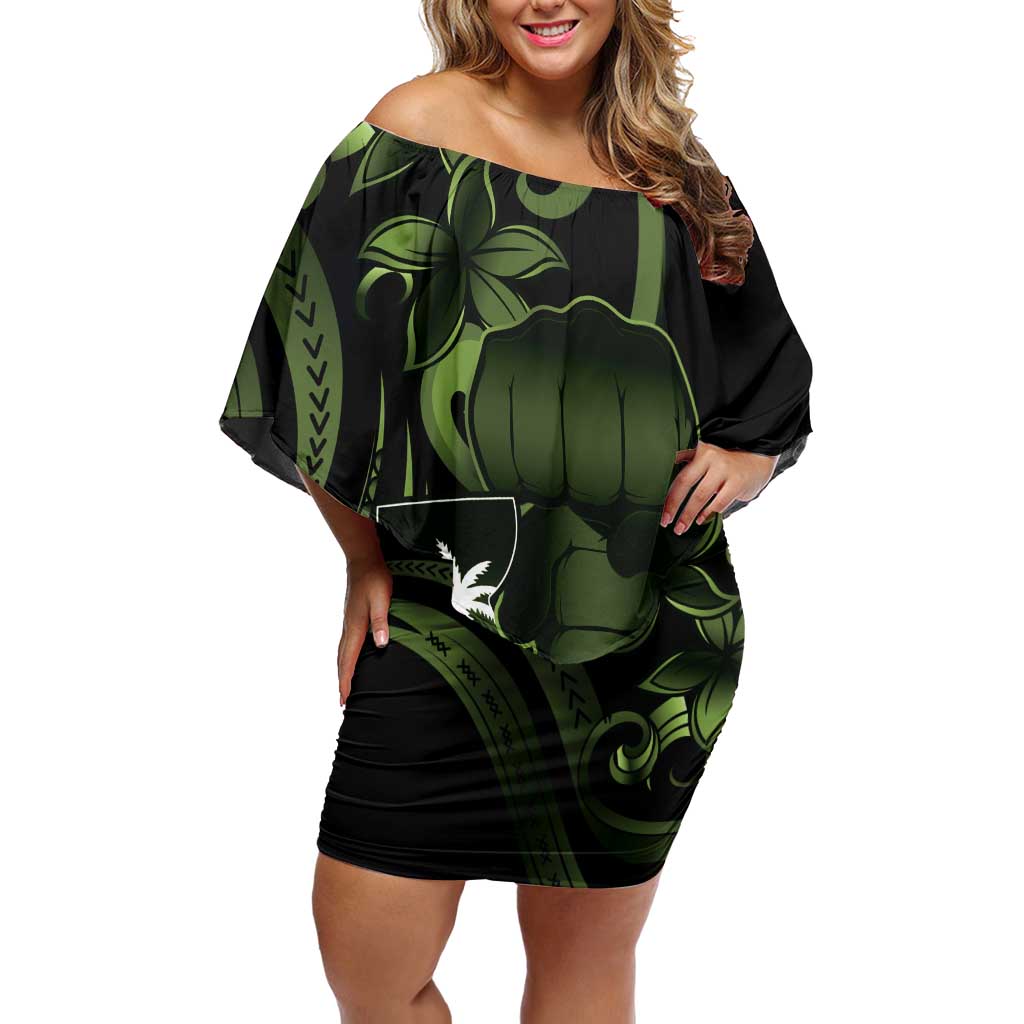 Green Hafa Adai Guam Off Shoulder Short Dress Chamorro Latte Stone Hand With Plumeria LT14 Women Green - Polynesian Pride