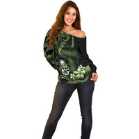 Green Hafa Adai Guam Off Shoulder Sweater Chamorro Latte Stone Hand With Plumeria LT14 - Polynesian Pride