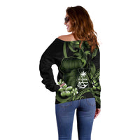 Green Hafa Adai Guam Off Shoulder Sweater Chamorro Latte Stone Hand With Plumeria LT14 - Polynesian Pride