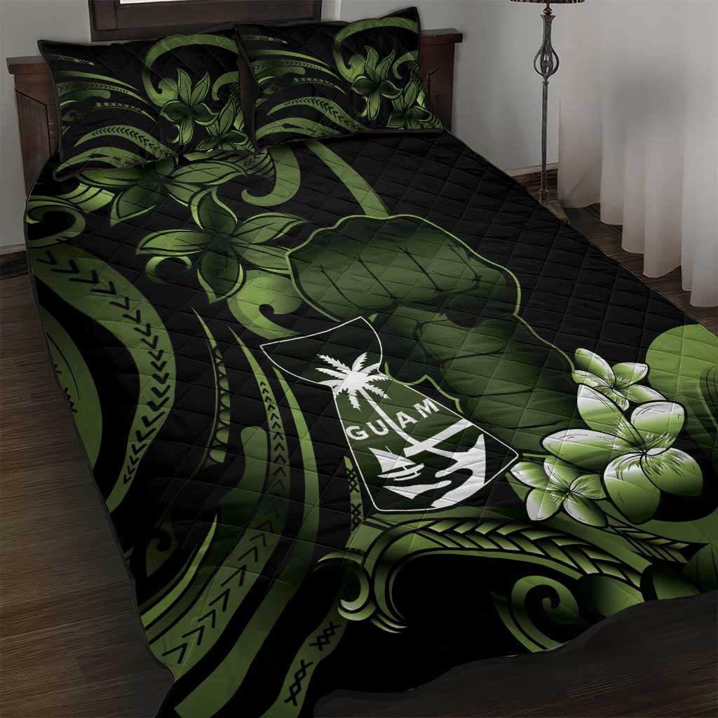 Green Hafa Adai Guam Quilt Bed Set Chamorro Latte Stone Hand With Plumeria LT14 Green - Polynesian Pride
