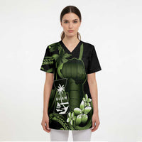 Green Hafa Adai Guam Scrub Top Chamorro Latte Stone Hand With Plumeria LT14 - Polynesian Pride