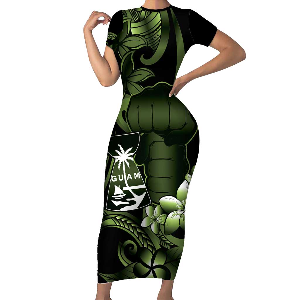 Green Hafa Adai Guam Short Sleeve Bodycon Dress Chamorro Latte Stone Hand With Plumeria LT14 Long Dress Green - Polynesian Pride