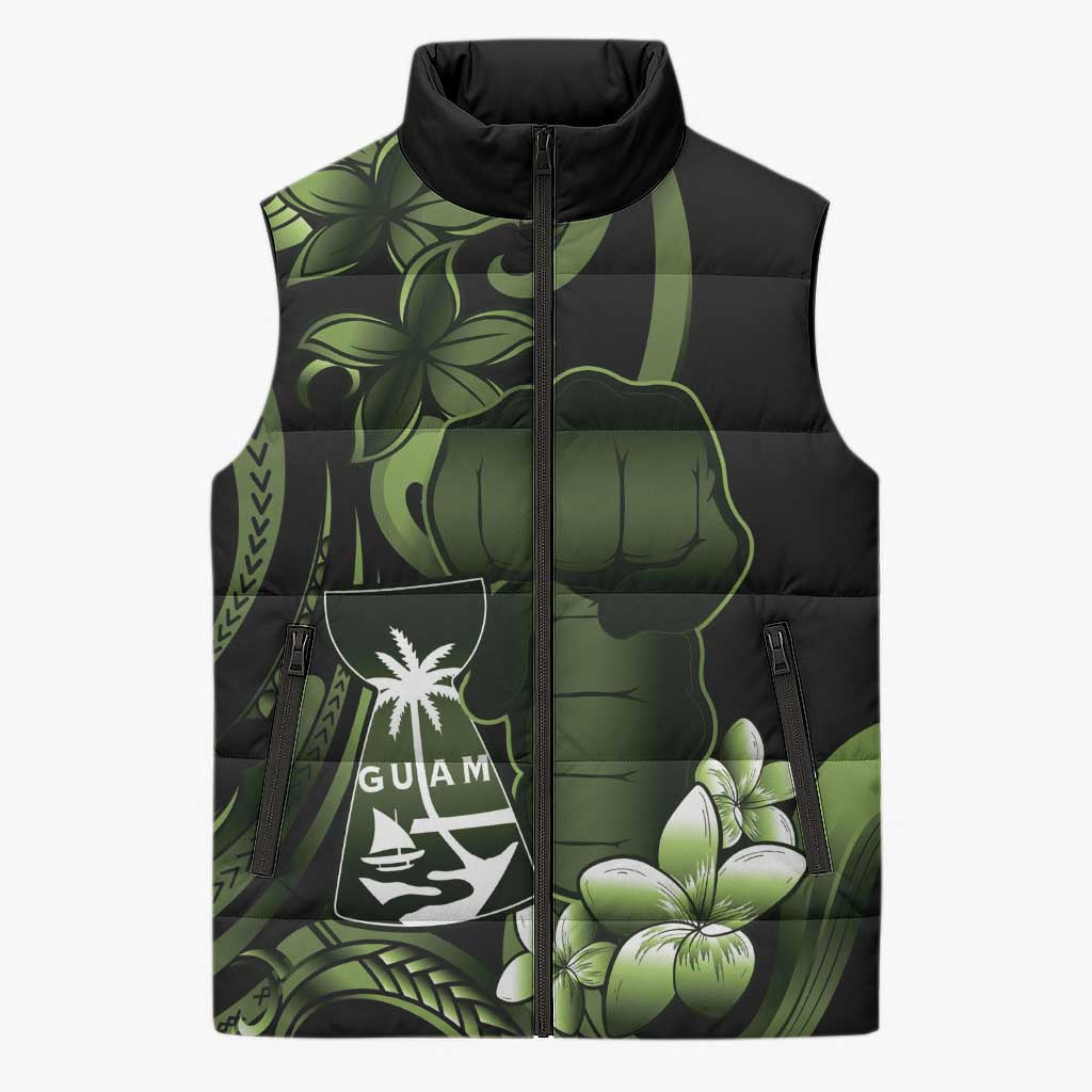 Green Hafa Adai Guam Sleeveless Puffer Jacket Chamorro Latte Stone Hand With Plumeria LT14 Unisex Green - Polynesian Pride