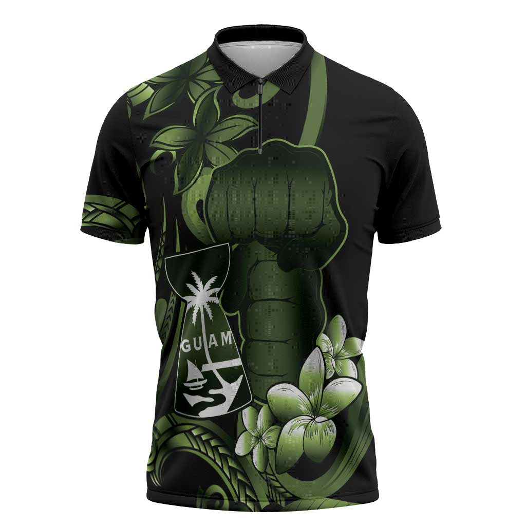 Green Hafa Adai Guam Zipper Polo Shirt Chamorro Latte Stone Hand With Plumeria LT14 Green - Polynesian Pride