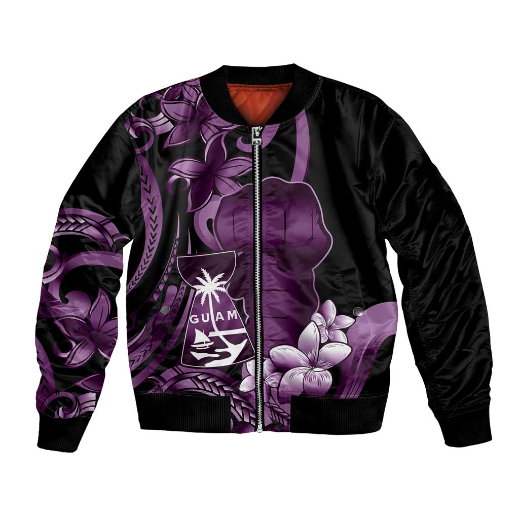 Purple Hafa Adai Guam Bomber Jacket Chamorro Latte Stone Hand With Plumeria LT14 Unisex Purple - Polynesian Pride