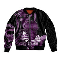 Purple Hafa Adai Guam Bomber Jacket Chamorro Latte Stone Hand With Plumeria LT14 Unisex Purple - Polynesian Pride