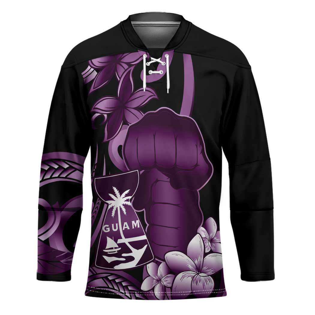 Purple Hafa Adai Guam Hockey Jersey Chamorro Latte Stone Hand With Plumeria LT14 Unisex Purple - Polynesian Pride
