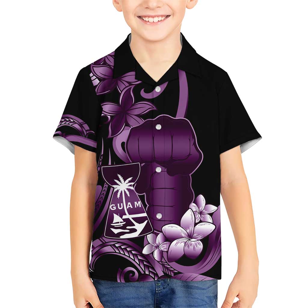 Purple Hafa Adai Guam Kid Hawaiian Shirt Chamorro Latte Stone Hand With Plumeria LT14 Kid Purple - Polynesian Pride