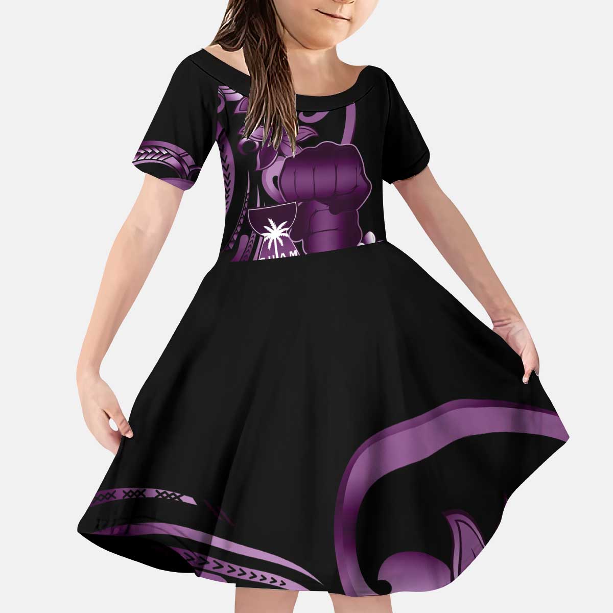 Purple Hafa Adai Guam Kid Short Sleeve Dress Chamorro Latte Stone Hand With Plumeria LT14 KID Purple - Polynesian Pride