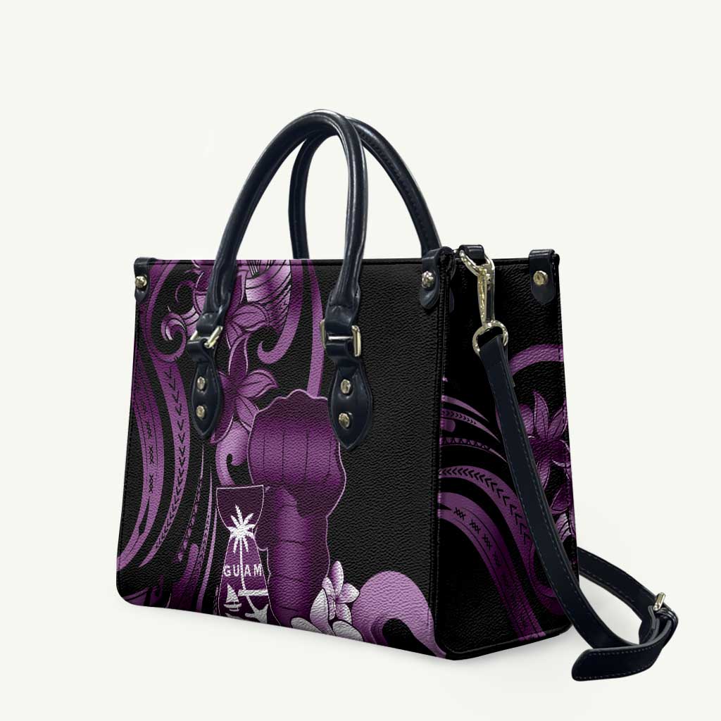 Purple Hafa Adai Guam Leather Bag Chamorro Latte Stone Hand With Plumeria LT14 Purple - Polynesian Pride