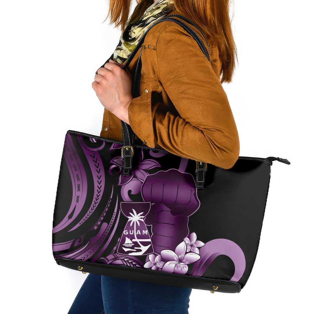 Purple Hafa Adai Guam Leather Tote Bag Chamorro Latte Stone Hand With Plumeria LT14 Purple - Polynesian Pride