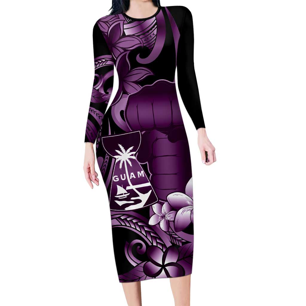 Purple Hafa Adai Guam Long Sleeve Bodycon Dress Chamorro Latte Stone Hand With Plumeria LT14 Long Dress Purple - Polynesian Pride