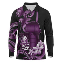 Purple Hafa Adai Guam Long Sleeve Polo Shirt Chamorro Latte Stone Hand With Plumeria LT14 Purple - Polynesian Pride