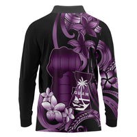 Purple Hafa Adai Guam Long Sleeve Polo Shirt Chamorro Latte Stone Hand With Plumeria LT14 - Polynesian Pride