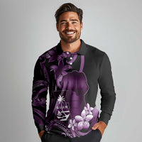 Purple Hafa Adai Guam Long Sleeve Polo Shirt Chamorro Latte Stone Hand With Plumeria LT14 - Polynesian Pride
