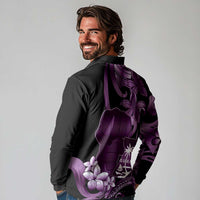 Purple Hafa Adai Guam Long Sleeve Polo Shirt Chamorro Latte Stone Hand With Plumeria LT14 - Polynesian Pride