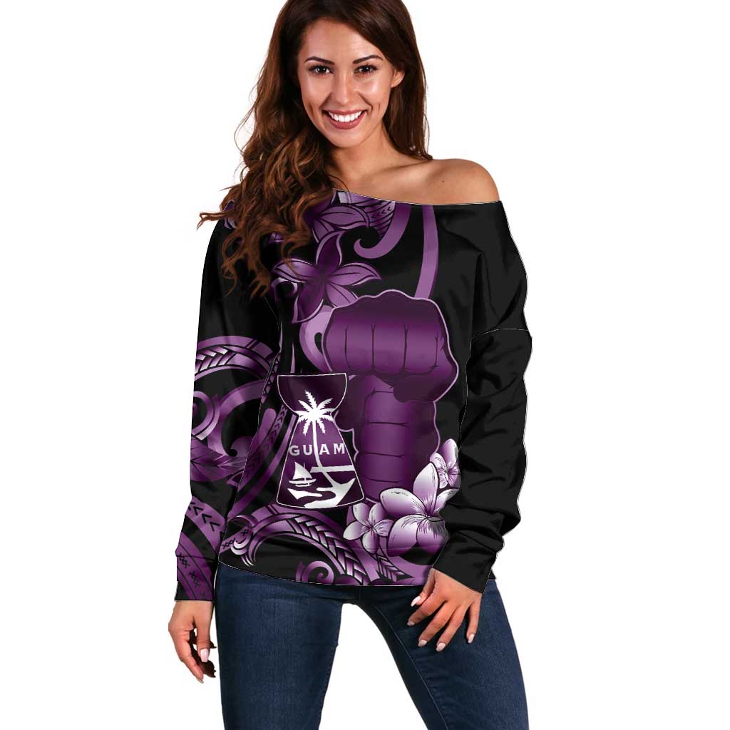 Purple Hafa Adai Guam Off Shoulder Sweater Chamorro Latte Stone Hand With Plumeria LT14 Women Purple - Polynesian Pride