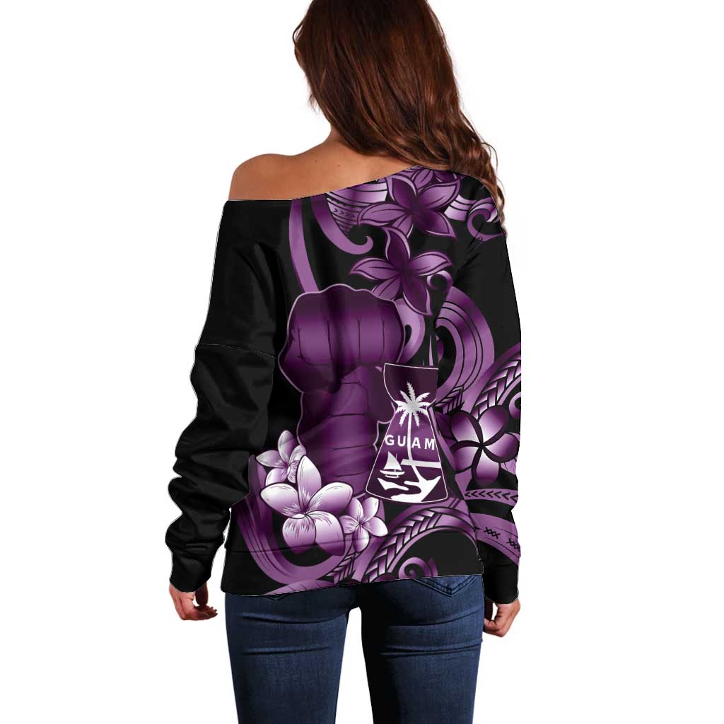 Purple Hafa Adai Guam Off Shoulder Sweater Chamorro Latte Stone Hand With Plumeria LT14 - Polynesian Pride