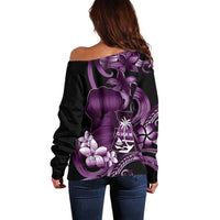 Purple Hafa Adai Guam Off Shoulder Sweater Chamorro Latte Stone Hand With Plumeria LT14 - Polynesian Pride