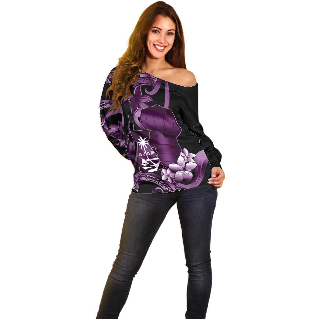 Purple Hafa Adai Guam Off Shoulder Sweater Chamorro Latte Stone Hand With Plumeria LT14 - Polynesian Pride