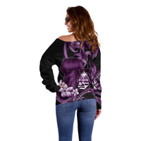Purple Hafa Adai Guam Off Shoulder Sweater Chamorro Latte Stone Hand With Plumeria LT14 - Polynesian Pride