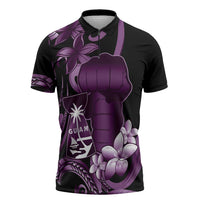 Purple Hafa Adai Guam Zipper Polo Shirt Chamorro Latte Stone Hand With Plumeria LT14 Purple - Polynesian Pride