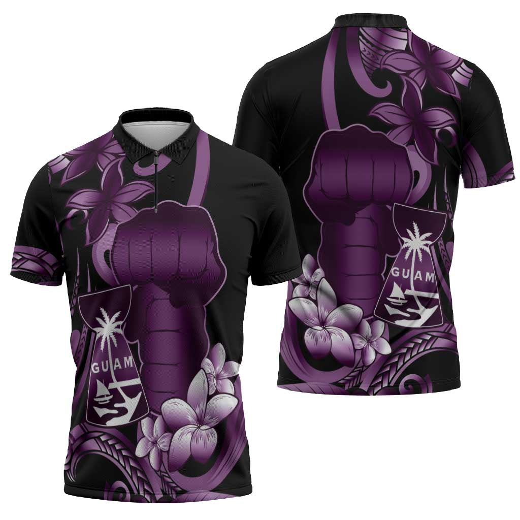 Purple Hafa Adai Guam Zipper Polo Shirt Chamorro Latte Stone Hand With Plumeria LT14 - Polynesian Pride