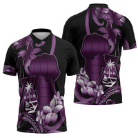Purple Hafa Adai Guam Zipper Polo Shirt Chamorro Latte Stone Hand With Plumeria LT14 - Polynesian Pride