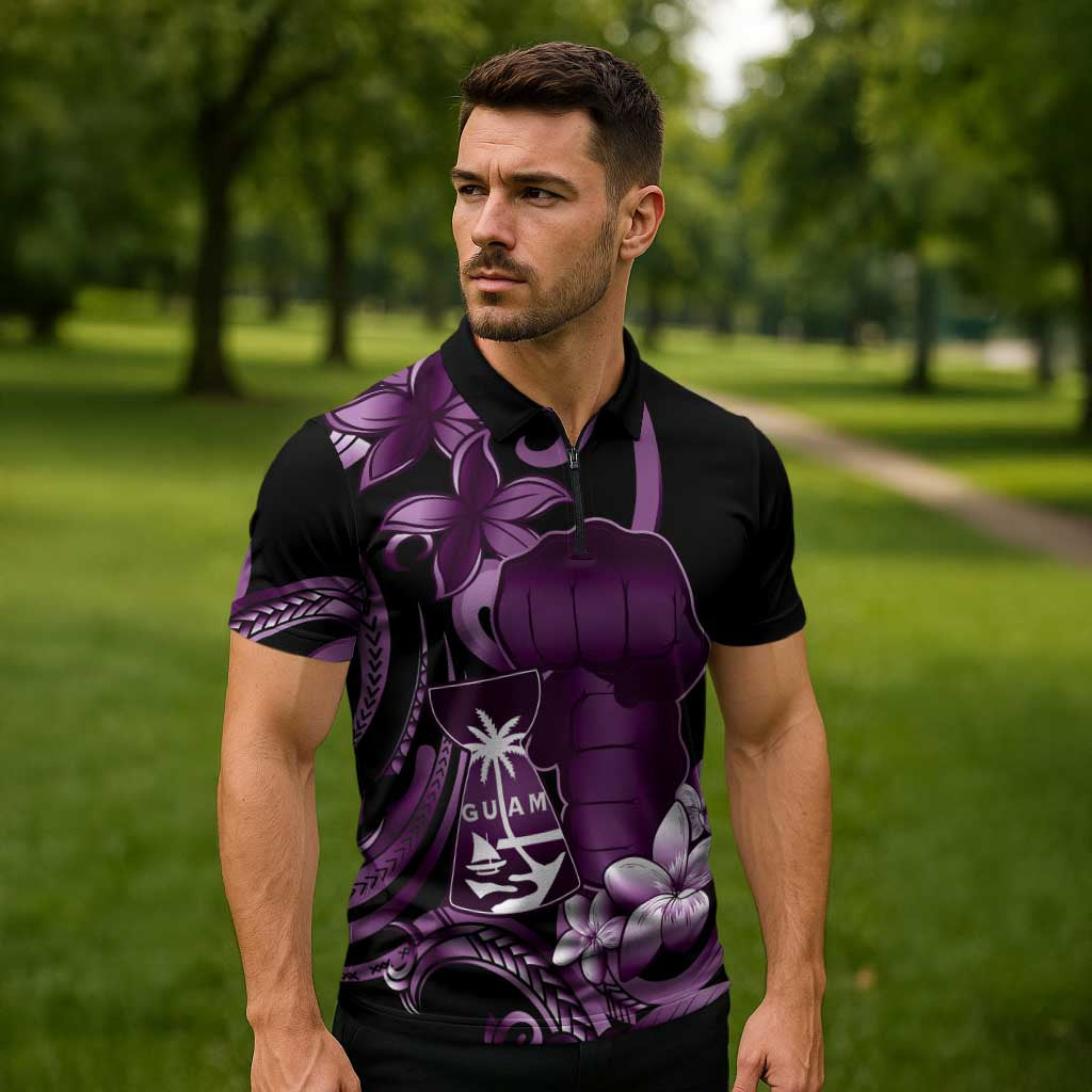 Purple Hafa Adai Guam Zipper Polo Shirt Chamorro Latte Stone Hand With Plumeria LT14 - Polynesian Pride