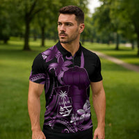Purple Hafa Adai Guam Zipper Polo Shirt Chamorro Latte Stone Hand With Plumeria LT14 - Polynesian Pride