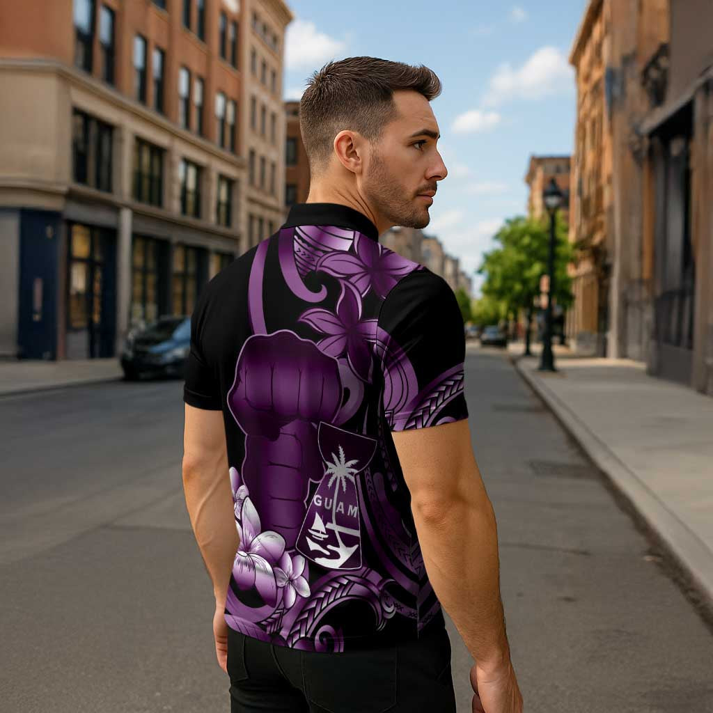 Purple Hafa Adai Guam Zipper Polo Shirt Chamorro Latte Stone Hand With Plumeria LT14 - Polynesian Pride