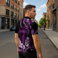 Purple Hafa Adai Guam Zipper Polo Shirt Chamorro Latte Stone Hand With Plumeria LT14 - Polynesian Pride