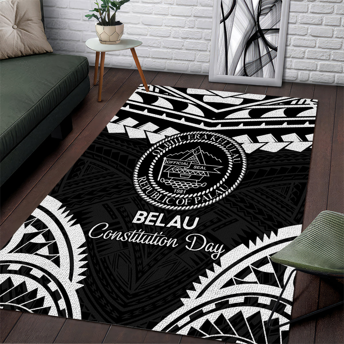 Palau Constitution Day Area Rug Belau Seal With Polynesian Pattern - Black LT14 Black - Polynesian Pride