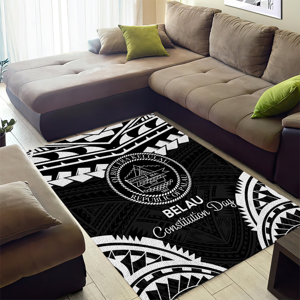 Palau Constitution Day Area Rug Belau Seal With Polynesian Pattern - Black LT14 - Polynesian Pride