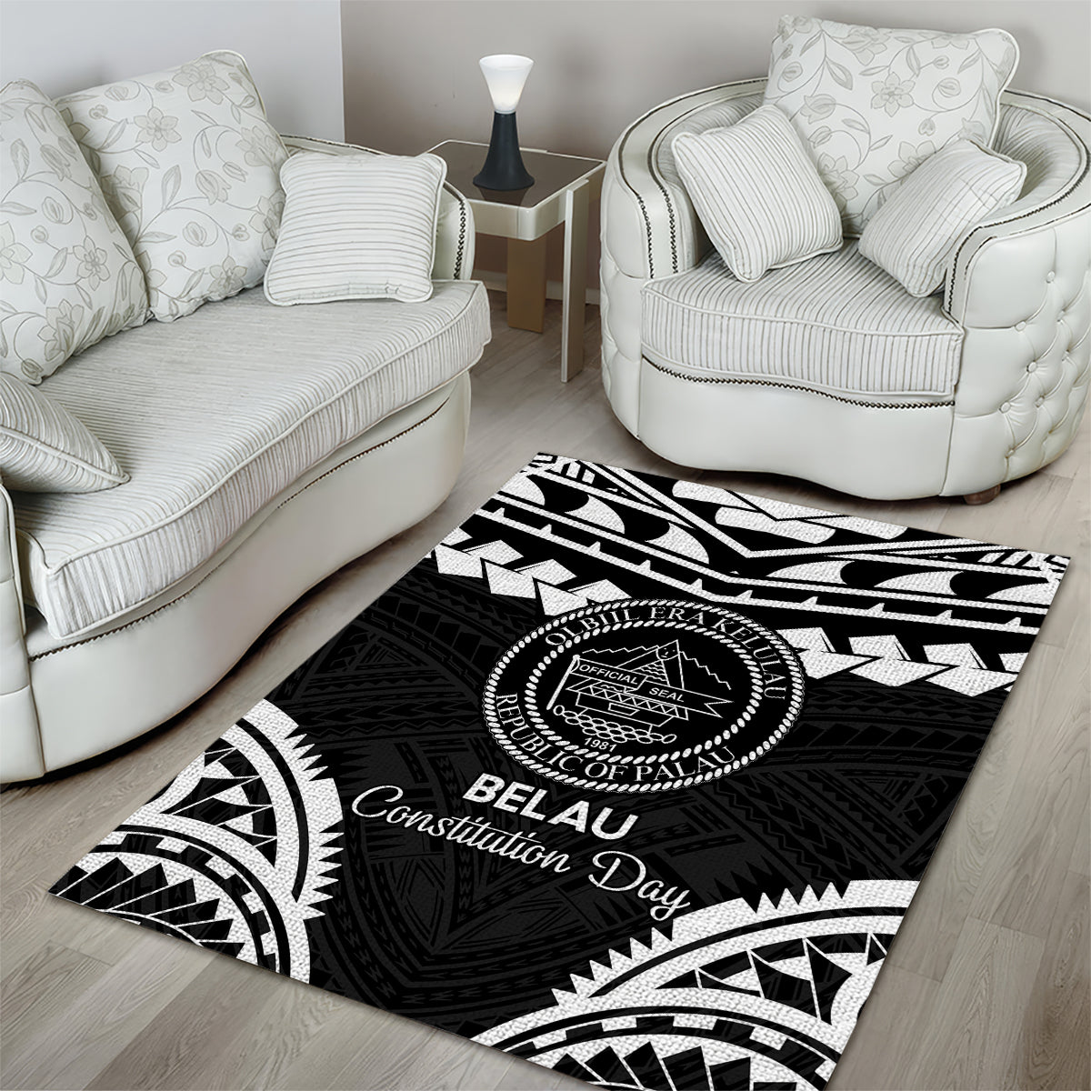 Palau Constitution Day Area Rug Belau Seal With Polynesian Pattern - Black LT14 - Polynesian Pride