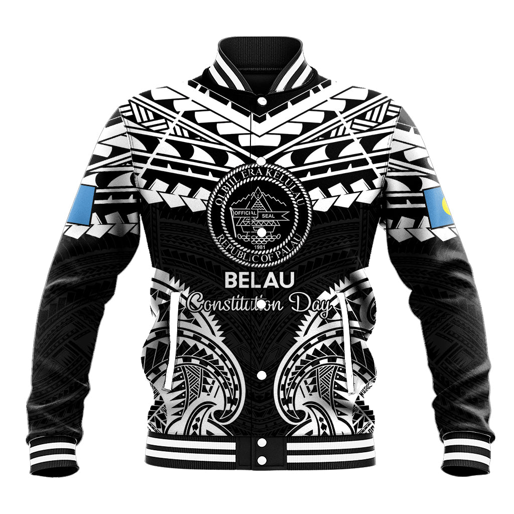 Palau Constitution Day Baseball Jacket Belau Seal With Polynesian Pattern - Black LT14 Unisex Black - Polynesian Pride