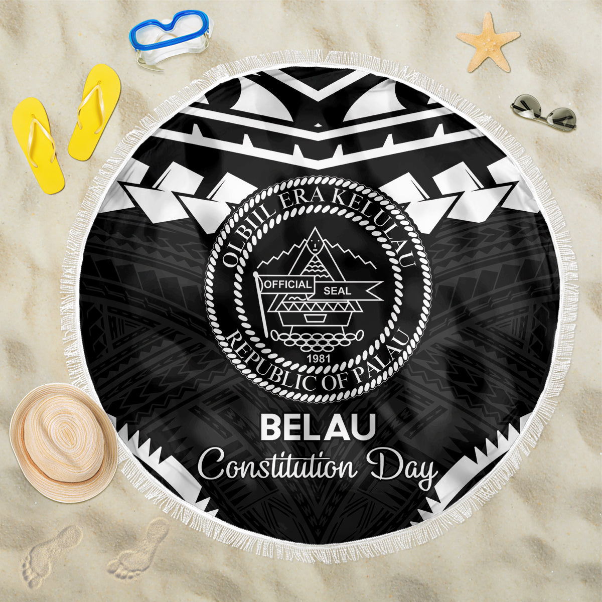 Palau Constitution Day Beach Blanket Belau Seal With Polynesian Pattern - Black LT14 One Size 150cm Black - Polynesian Pride