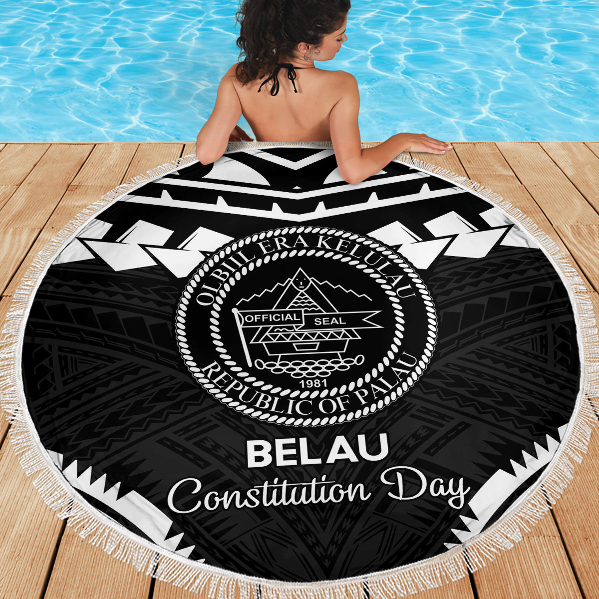 Palau Constitution Day Beach Blanket Belau Seal With Polynesian Pattern - Black LT14 - Polynesian Pride