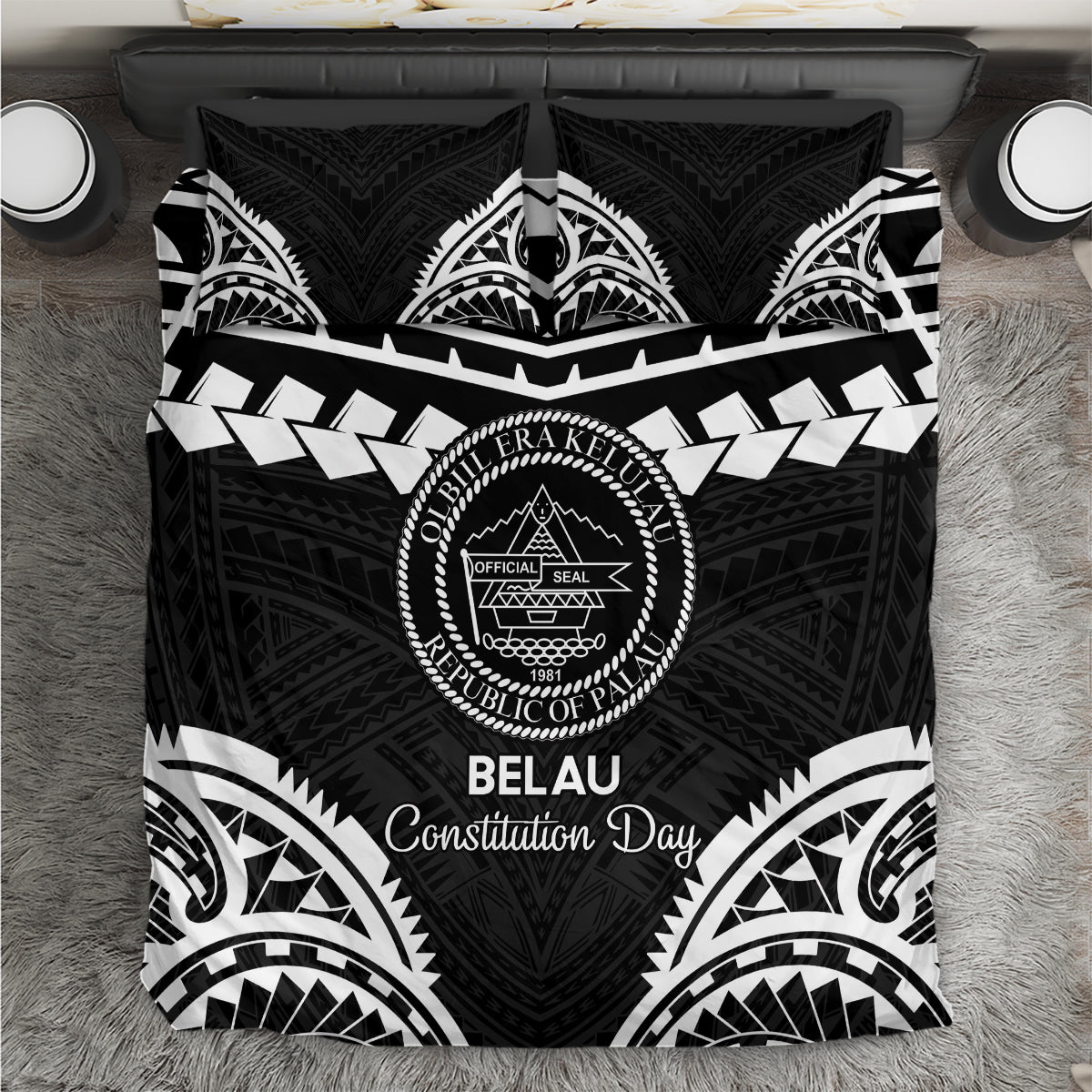 Palau Constitution Day Bedding Set Belau Seal With Polynesian Pattern - Black LT14 Black - Polynesian Pride