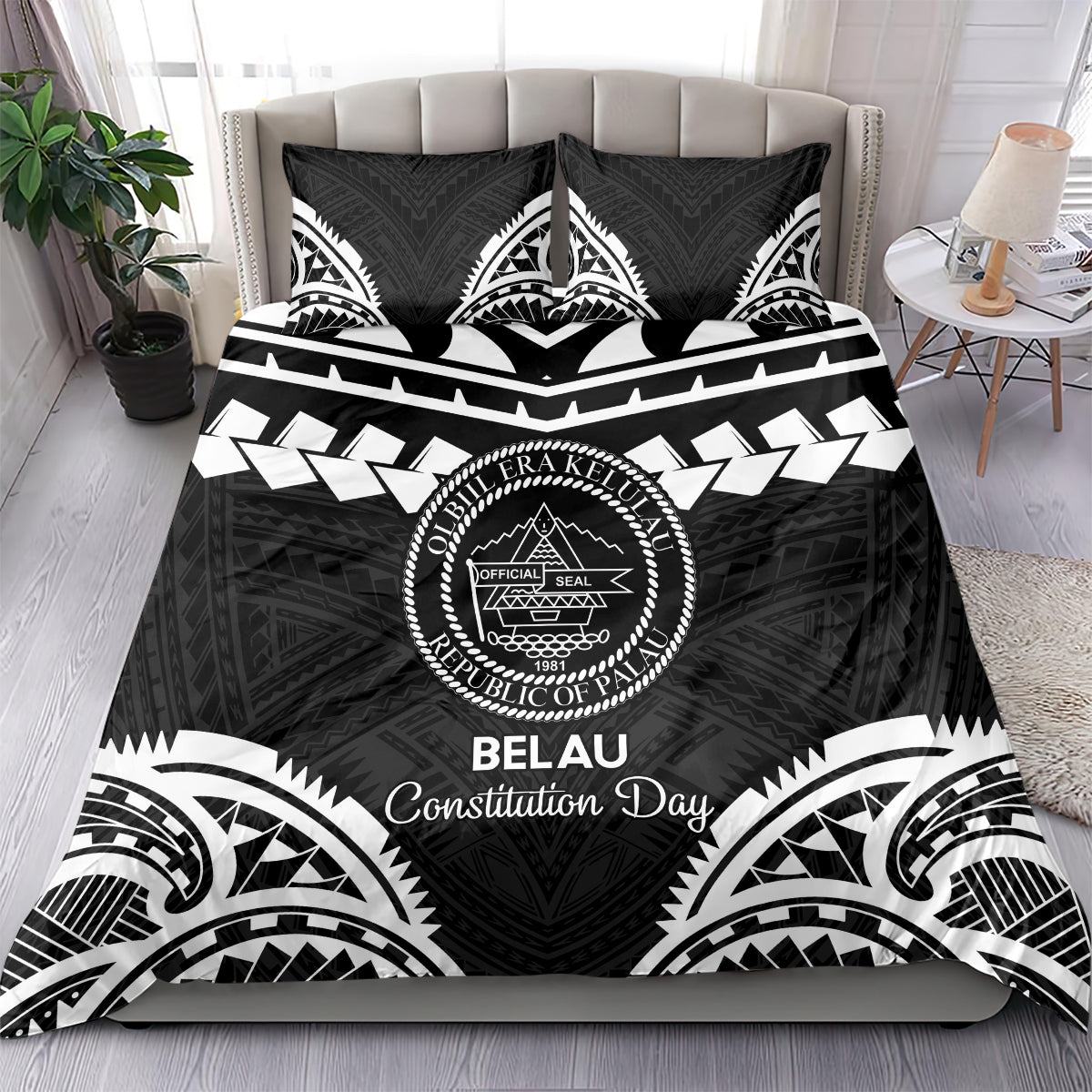 Palau Constitution Day Bedding Set Belau Seal With Polynesian Pattern - Black LT14 - Polynesian Pride