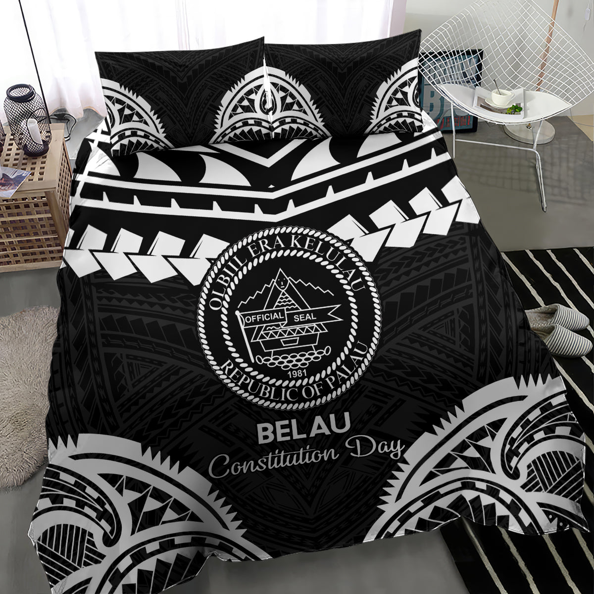 Palau Constitution Day Bedding Set Belau Seal With Polynesian Pattern - Black LT14 - Polynesian Pride