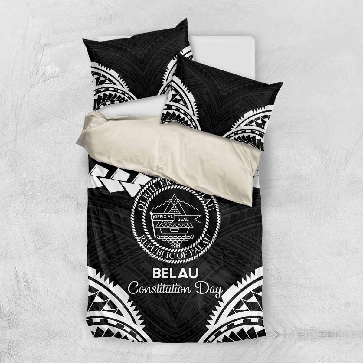 Palau Constitution Day Bedding Set Belau Seal With Polynesian Pattern - Black LT14 US Twin 172cm x 218cm Black - Polynesian Pride