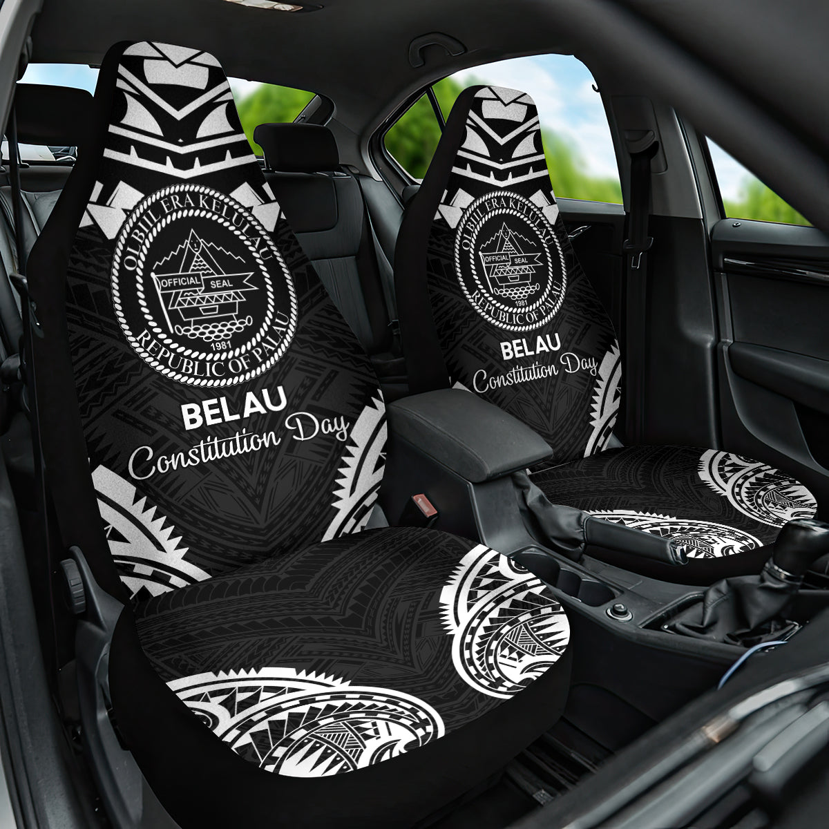 Palau Constitution Day Car Seat Cover Belau Seal With Polynesian Pattern - Black LT14 One Size Black - Polynesian Pride