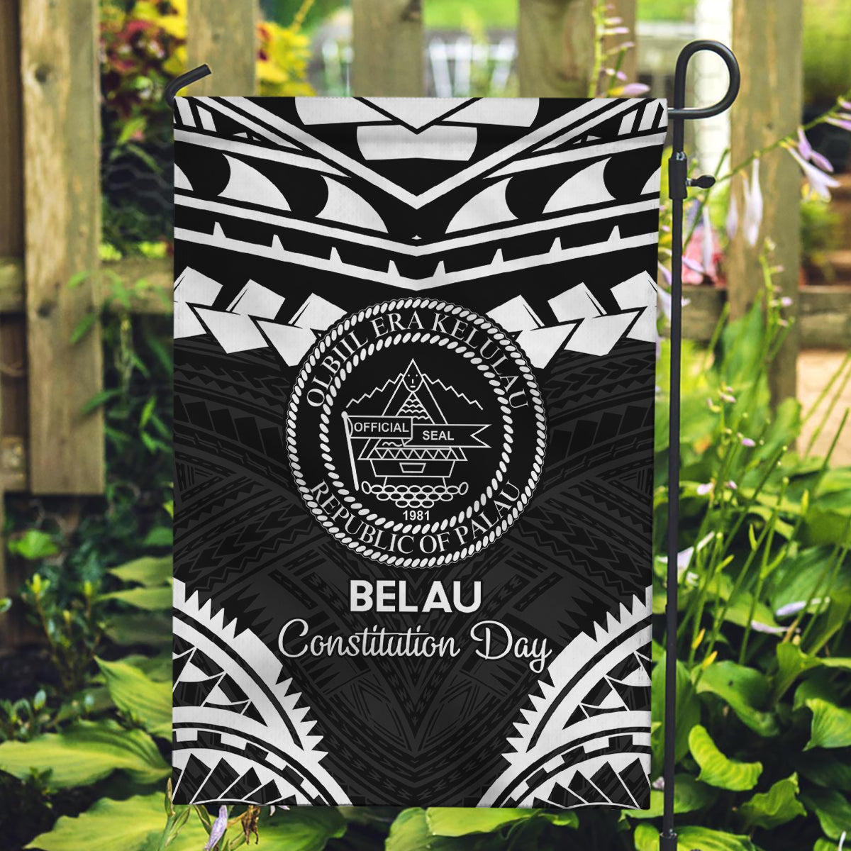 Palau Constitution Day Garden Flag Belau Seal With Polynesian Pattern - Black