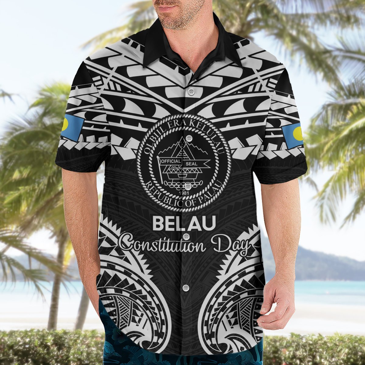 Palau Constitution Day Hawaiian Shirt Belau Seal With Polynesian Pattern - Black LT14 - Polynesian Pride