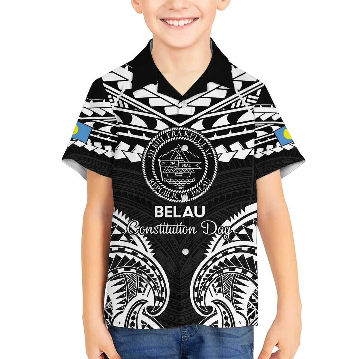 Palau Constitution Day Hawaiian Shirt Belau Seal With Polynesian Pattern - Black LT14 - Polynesian Pride